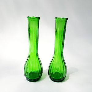 Emerald Green Glass Flower Vase Set of 2 Vintage Ribbed Texture